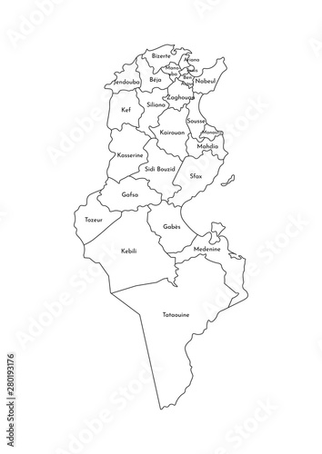 Vector isolated illustration of simplified administrative map of Tunisia. Borders and names of the governorates  regions . Black line silhouettes