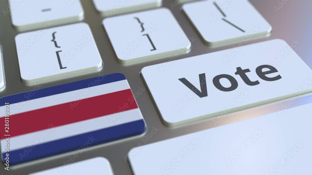 VOTE text and flag of Costa Rica on the buttons on the computer keyboard. Election related conceptual 3D animation VOTE text and flag of Costa Rica on the buttons on the computer keyboard. Election related conceptual 3D animation