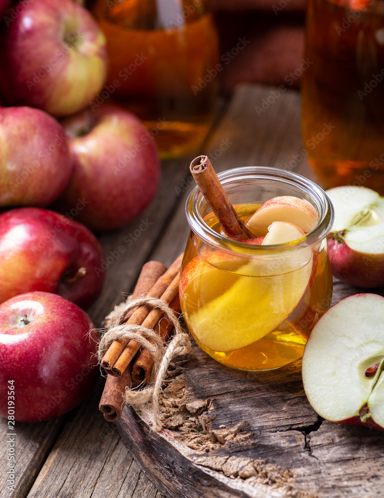 Glass of Apple Juice With Sliced Apples and Cinnamon Stick