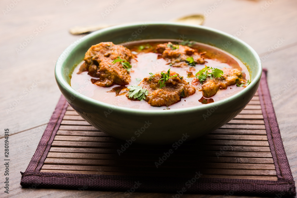 Lauki Kofta Curry made using Bottel Gourd or Doodhi, served in a bowl or karahi. selective focus Lauki Kofta Curry made using Bottel Gourd or Doodhi, served in a bowl or karahi. selective focus