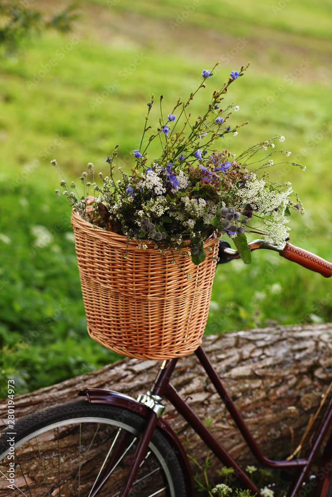 a bicycle with a bouquet of yellow flowers in a basket against nature background