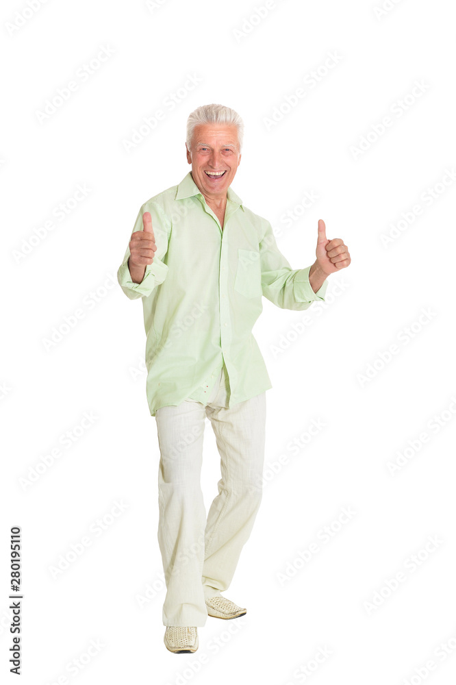 happy senior man showing thumbs up on white background happy senior man showing thumbs up on white background