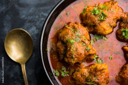 Lauki Kofta Curry made using Bottel Gourd or Doodhi, served in a bowl or karahi. selective focus