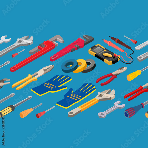 Construction tools seamless pattern. Isometric Vector set of Instruments.