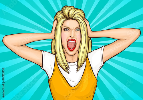 Pop art woman shout close ears with hands, stressed, angry frustrated blonde girl with wide open eyes and mouth screaming holding head, hysteric face expression, retro comic book vector illustration