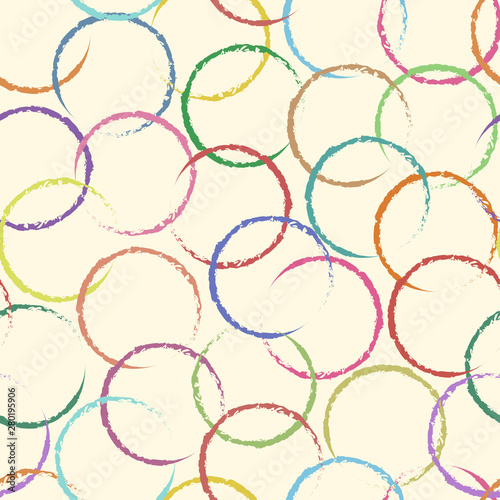 Decorative seamless pattern with colorful circles on pastel background. Grunge painted rings with different texture. Retro style. Vector Illustration