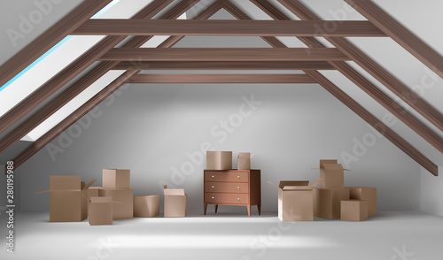 House attic interior, mansard room with cardboard boxes and wooden chest of drawers, empty spacious place on roof with beams ceiling, white floor, walls, wide window, Realistic 3d vector illustration photo