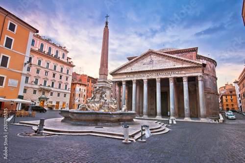 Pantheon square ancient landmark in eternal city of Rome dawn view