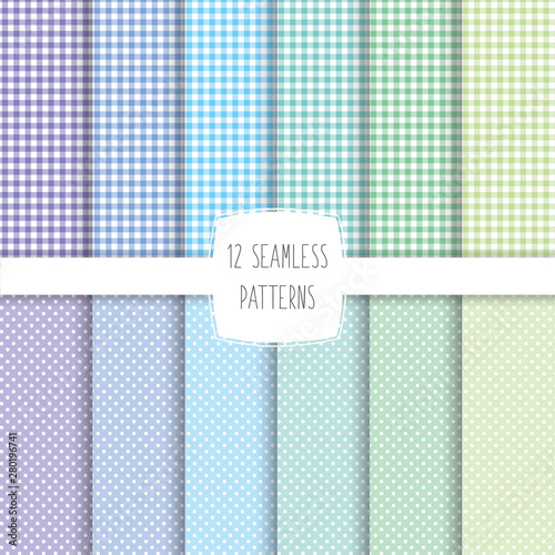 Seamless patterns, checkered and dots, in violet, green and blue tone