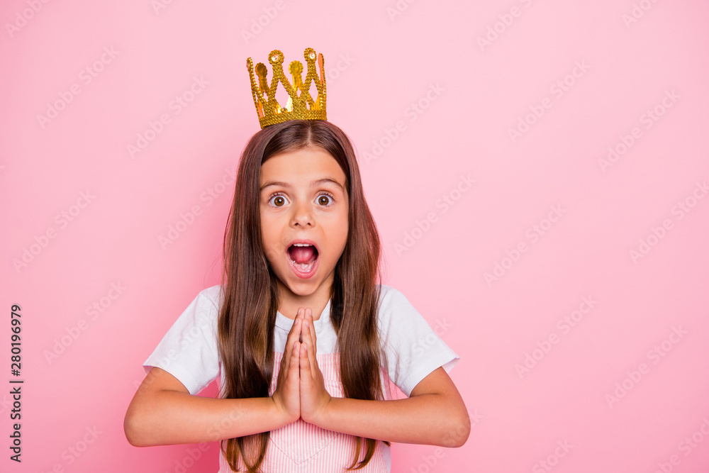 Closeup photo of little lady holiday time hands together open mouth coronation wear sun dress isolated pink background Closeup photo of little lady holiday time hands together open mouth coronation wear sun dress isolated pink background