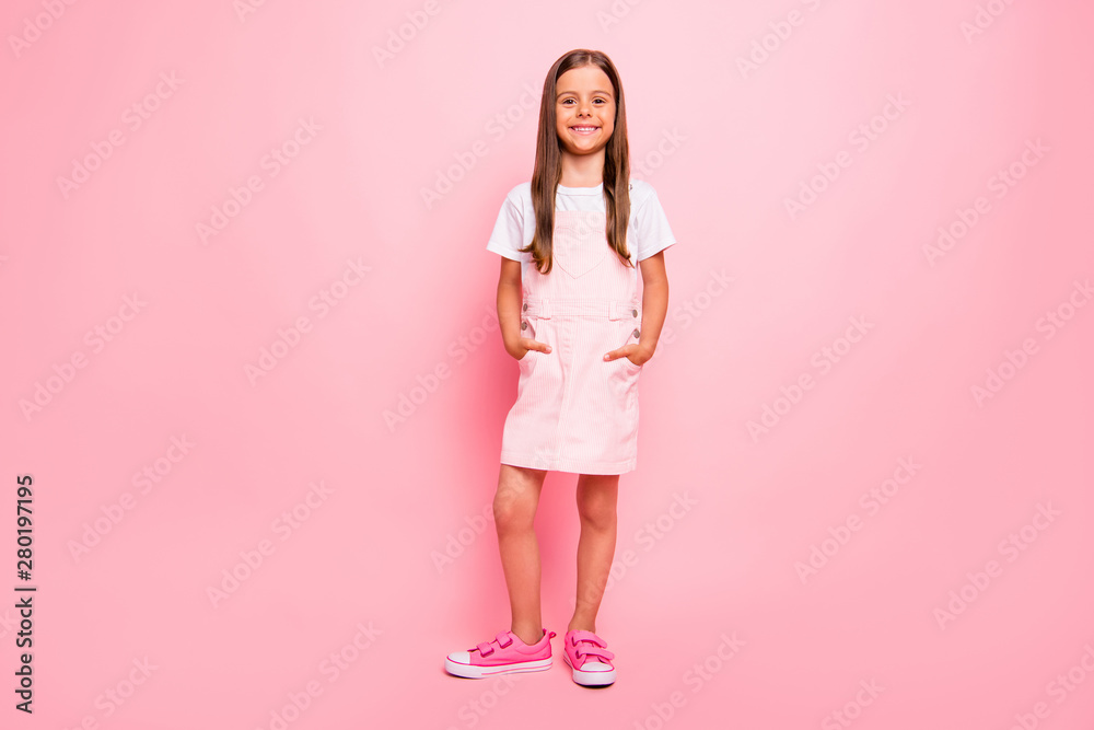 Full body photo of little lady brown hair holidays leisure time hands pockets wear rose sun dress t-shirt isolated pink background