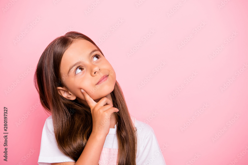 Closeup photo of small lady brown hair minded deep thinking curious interested wear overall t-shirt isolated pink background Closeup photo of small lady brown hair minded deep thinking curious interested wear overall t-shirt isolated pink background