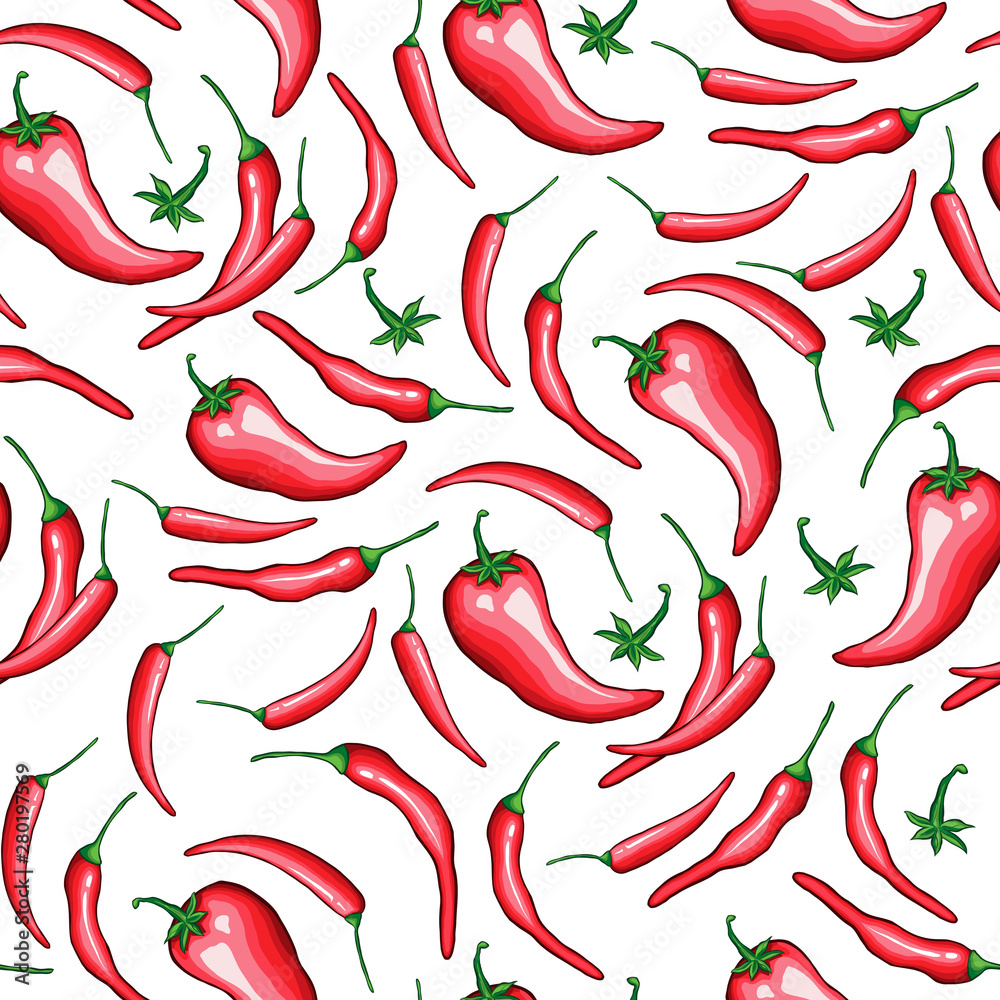 Red chili cartoon seamless pattern. Hot chilli peppers doodle texture.  Cinco de Mayo, hand drawn. Mexican restaurant holiday background. Spicy  vegetable wrapping paper vector fill Stock Vector | Adobe Stock