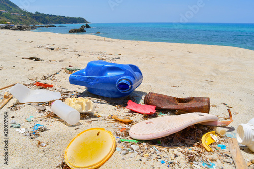 Trash brought from the sea on the beach