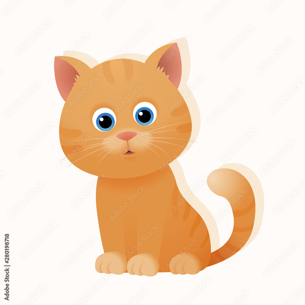 Fototapeta premium Cute cartoon sitting ginger kitten cat isolated on white