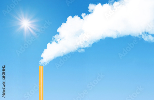 Global Warming and Pollution Concept : Abstract image of White smoke floating and emission from chimney that made from orange plastic straw with blue sky in background.