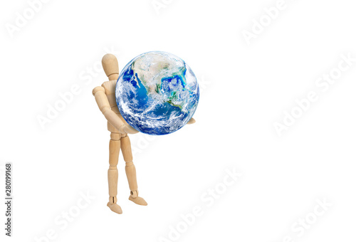 Business Responsibility Concept   Wooden figure mannequin holding planet earth globe isolated on white background.  Elements of this image furnished by NASA. 