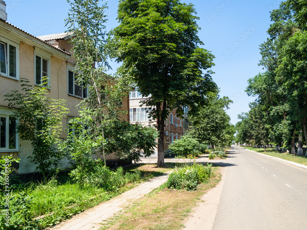 municipal houses with green front gardens on Kuban
