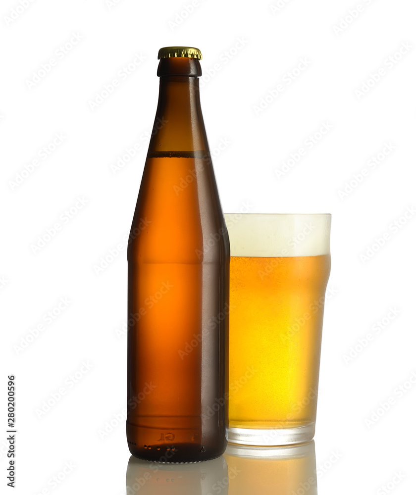 Bottle of beer and a glass on a white background Bottle of beer and a glass on a white background