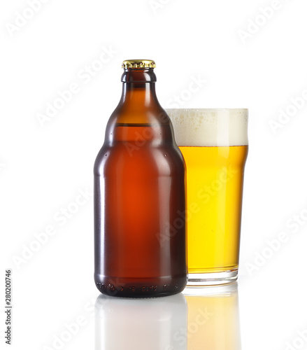 Bottle of beer and a glass on a white background