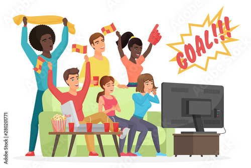 Football fans flat vector illustration. Sport fans with soccer attributes cheering for favorite team. Man and woman friends watching match on TV sitting in home. Guys having fun cartoon characters.