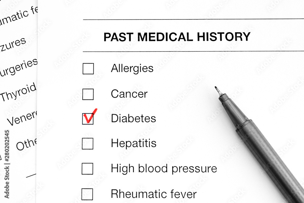 Past medical history questionary with marks on word Diabetes and pen. Past medical history questionary with marks on word Diabetes and pen.
