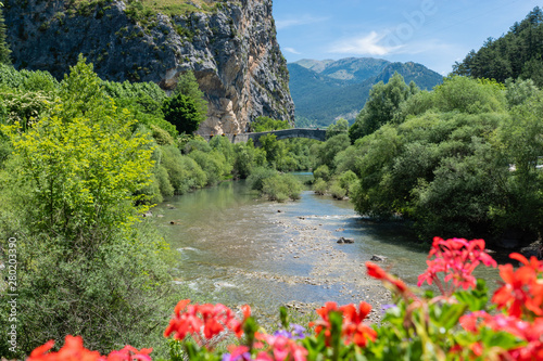 View of the Verdon river, at the beginning of the Verdon Gorges near village Castellane. Alps of Provence. France.