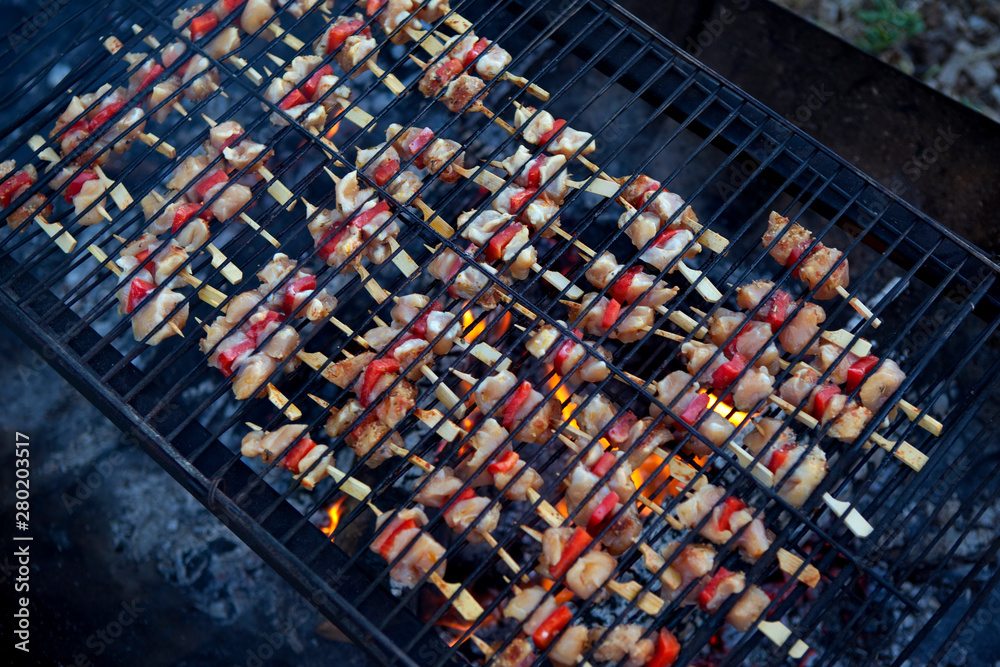 Baking chicken skewers and peppers on a grill