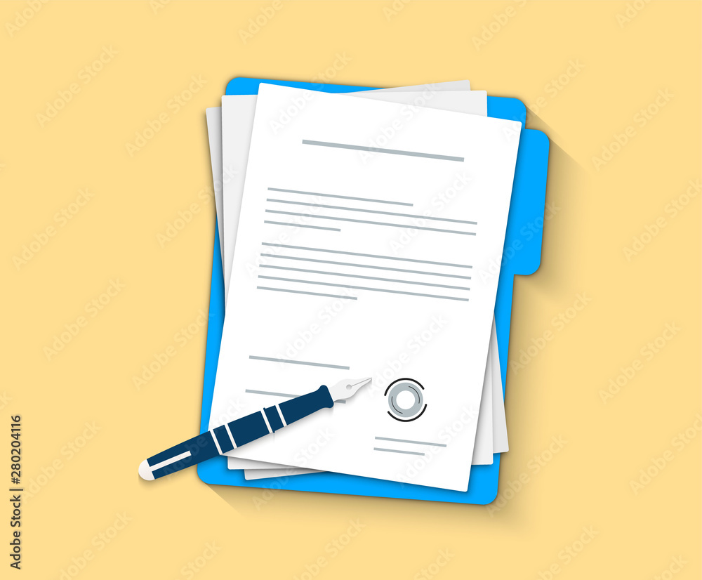 © SMUX - Document, folder with stamp and text. Contract papers. Document. Flat design. Contract icon agreement pen.