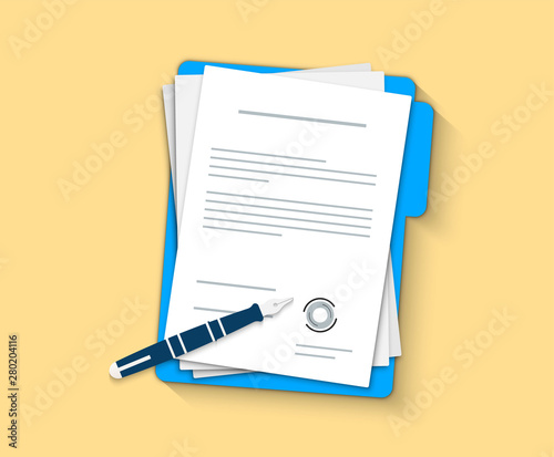 Document, folder with stamp and text. Contract papers. Document. Flat design. Contract icon agreement pen. photo