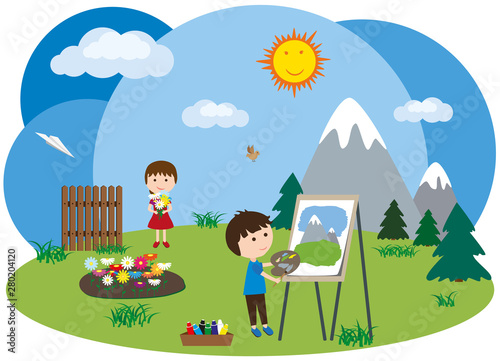 Children in nature. Boy pai...