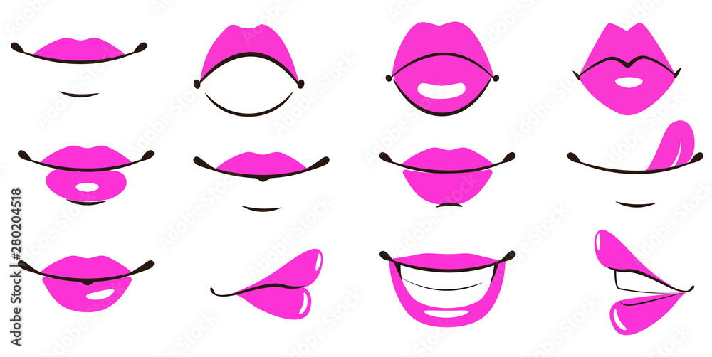 Set of vector mouths, lips, smiles with tongue Set of vector mouths, lips, smiles with tongue