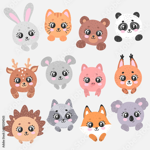 Fototapeta Naklejka Na Ścianę i Meble -  Cute cartoon animals faces. Big set