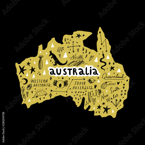 Vector handdrawn stylized map of Australia. Travel doodle illustration with landmarks and animals