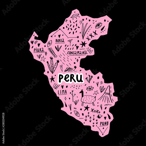 Vector handdrawn stylized map of Peru. Travel doodle illustration with landmarks and animals