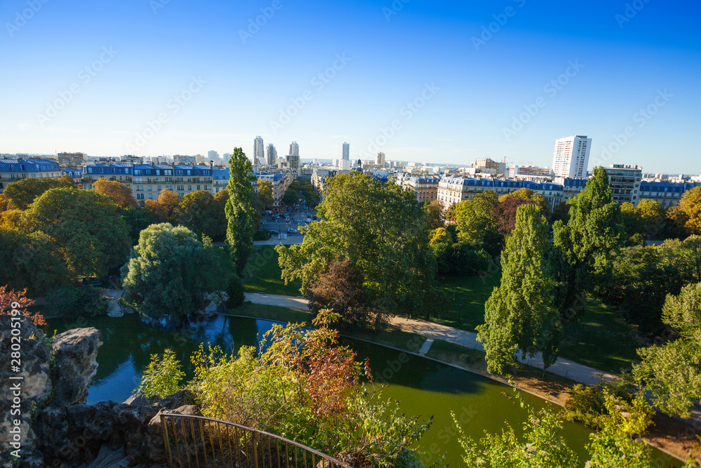Beautiful cityscape from Buttes Chaumont park
