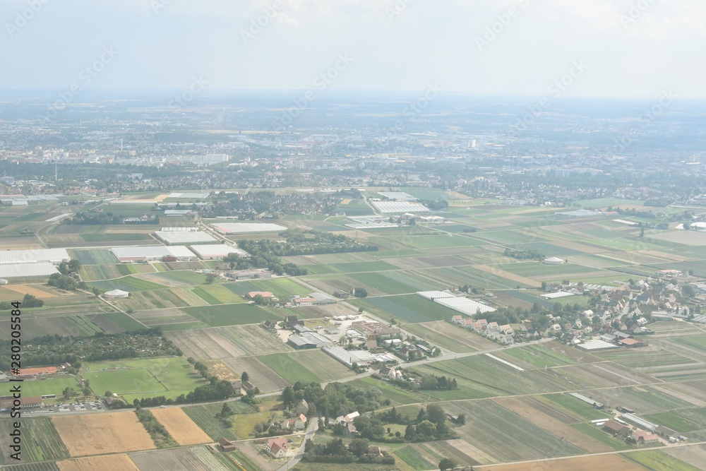Aerial view of the town from airplane window.