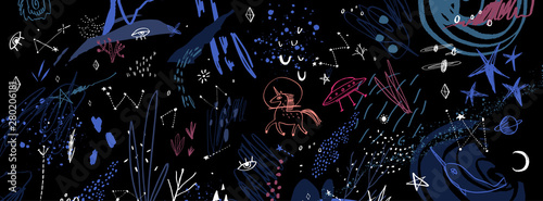 Space and unicorn, hand drawing doodle childish vector