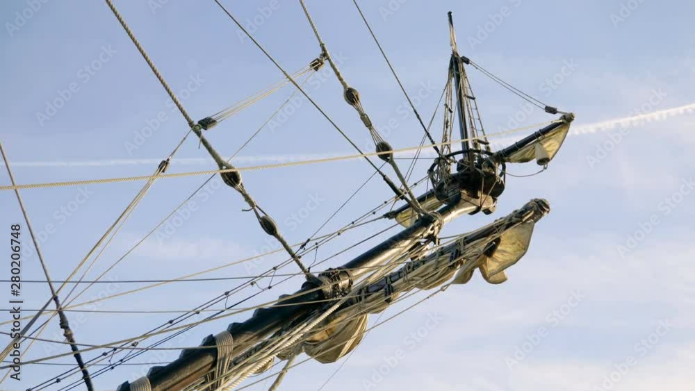 View of the old beautiful ship moored in Barcelona. Spain. 4K