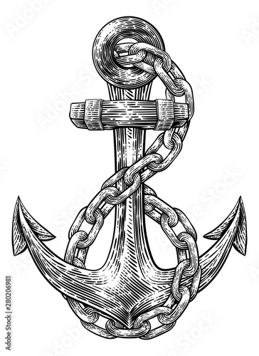 Fényképezés An anchor from a boat or ship with a chain wrapped around it tattoo or retro sty
