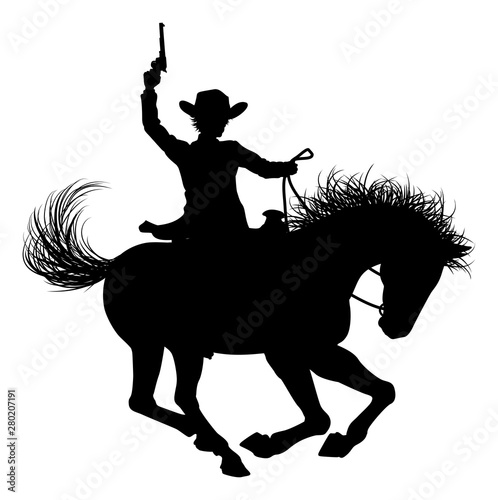 A cowboy riding a horse in silhouette waving pistol in the air