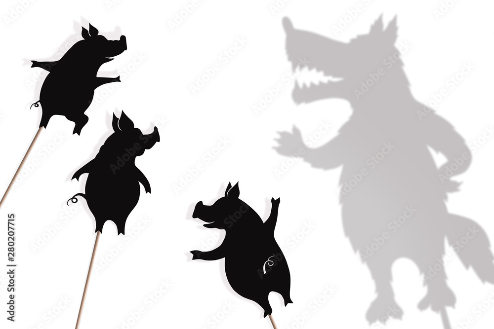 Three little pigs storytelling, shadow puppets.