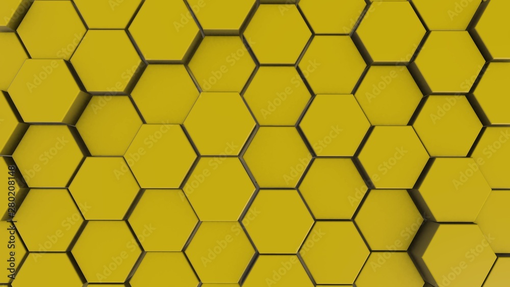 Yellow hexagon geometry background. 3d illustration of simple primitives with six angles in front Yellow hexagon geometry background. 3d illustration of simple primitives with six angles in front
