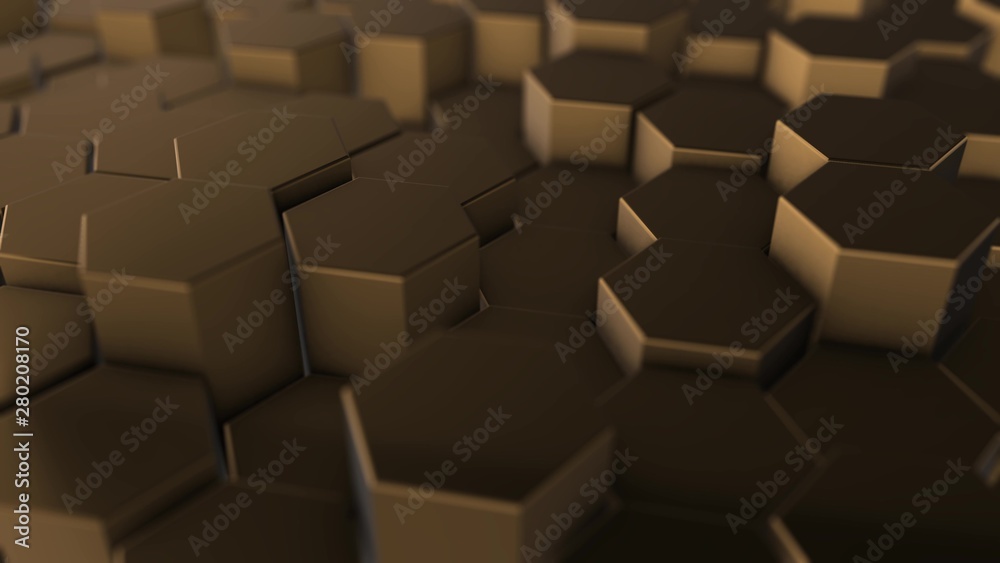 Gold hexagon geometry background. 3d illustration of simple primitives with six angles in front