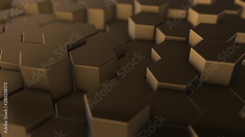 Gold hexagon geometry background. 3d illustration of simple primitives with six angles in front