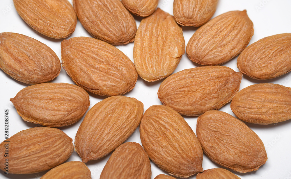 apricot kernels on a white background close-up. kernels filled with vitamins and minerals apricot kernels on a white background close-up. kernels filled with vitamins and minerals