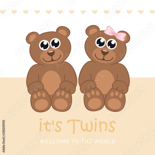 its twins boy and girl welcome greeting card for childbirth with teddy bear vector illustration EPS10
