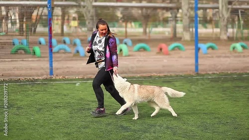 woman training Husky Puppy