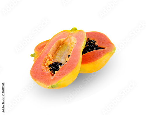 ripe papaya slices with seed isolated on white background