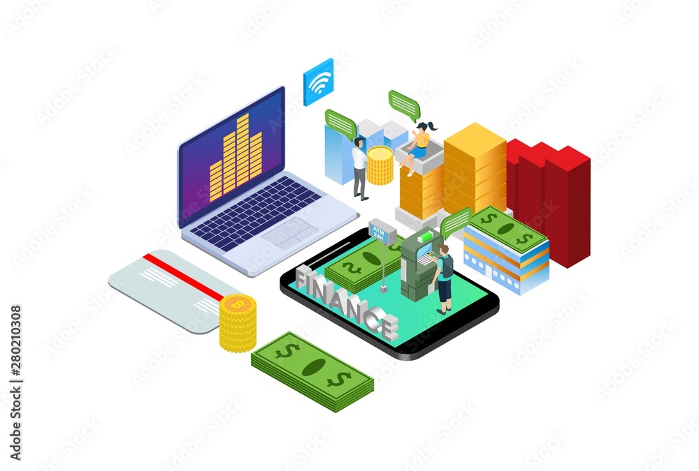 Modern Isometric Smart Financial Technology Illustration in White Isolated Background With People and Digital Related Asset